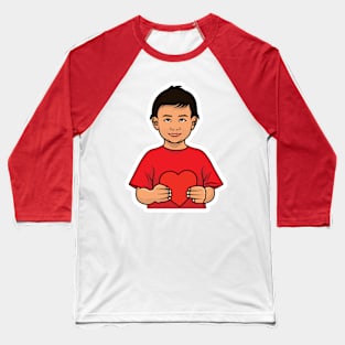 Cute Boy Holding Heart with Showing Emotion Sticker design vector illustration. People holiday icon concept. People holding hearts. People expressing love concept. Baseball T-Shirt